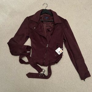 Kaari Blue Faux Suede Leather Biker Jacket Wine Red size L